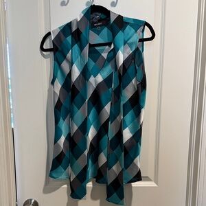 Nine West Turquoise and Black Diamond Pattern Blouse